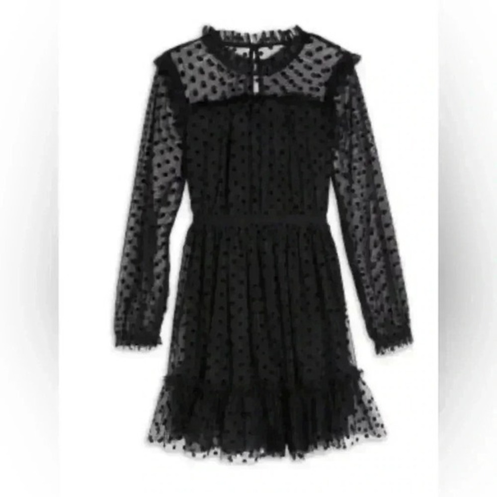 BCBG Girls Polka Dot Mesh Ruffle Dress Kids 6X Black Excellent Long Sleeve Party